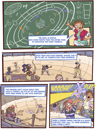 Pages 1-4 of "Oona and Marta Watch Craterdisk". Art by Cormac Power.